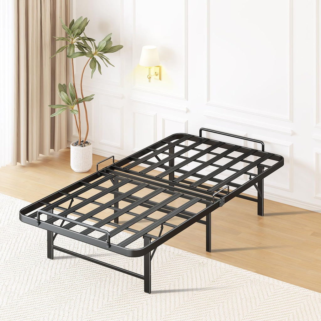 Foldable Twin Bed Frame,Folding Twin Bed Frame, 14 Inch Heavy Duty Metal Platform Bed, Sturdy Steel Bed Frames, Portable Bed, Tool-Free,Easy Assembly, No Box Spring Needed,Noise Free,Black