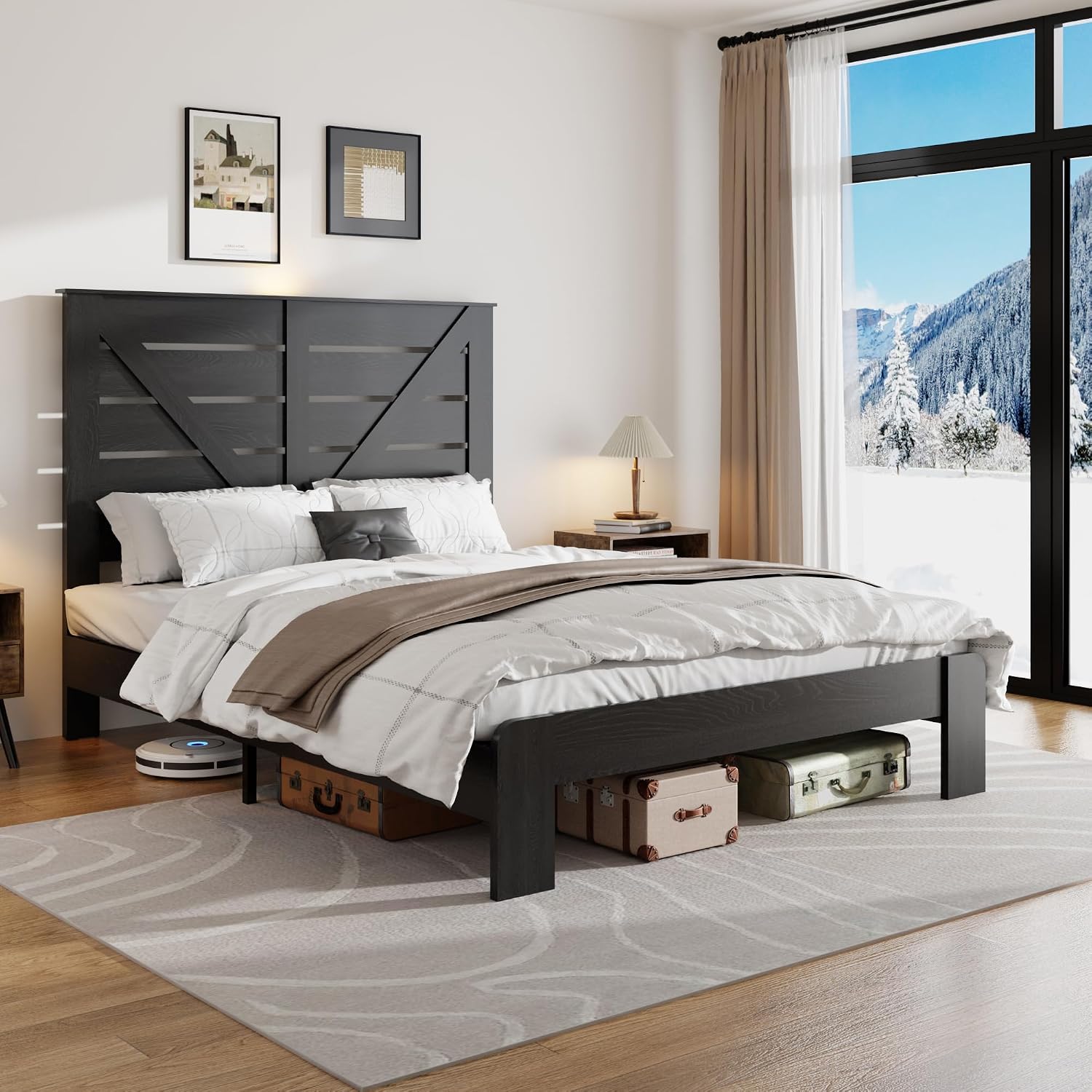 Full Size Wooden Bed Frame with Headboard, Rustic Farmhouse Platform Bedframe with Metal Slat Support, Under Bed Storage Space, Easy Assembly, Noisy Free (Black, Full)
