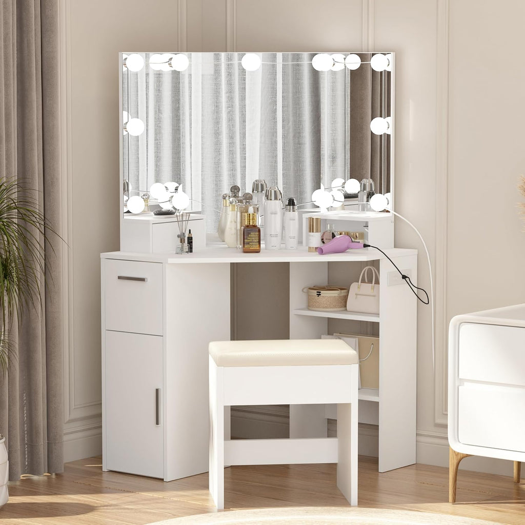 Corner Vanity Makeup Desk with Vanity Mirror, Built-in Lights, 2 Drawers, Power Outlet, Makeup Desk for Bedroom, White