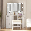 Corner Vanity Makeup Desk with Vanity Mirror, Built-in Lights, 2 Drawers, Power Outlet, Makeup Desk for Bedroom, White