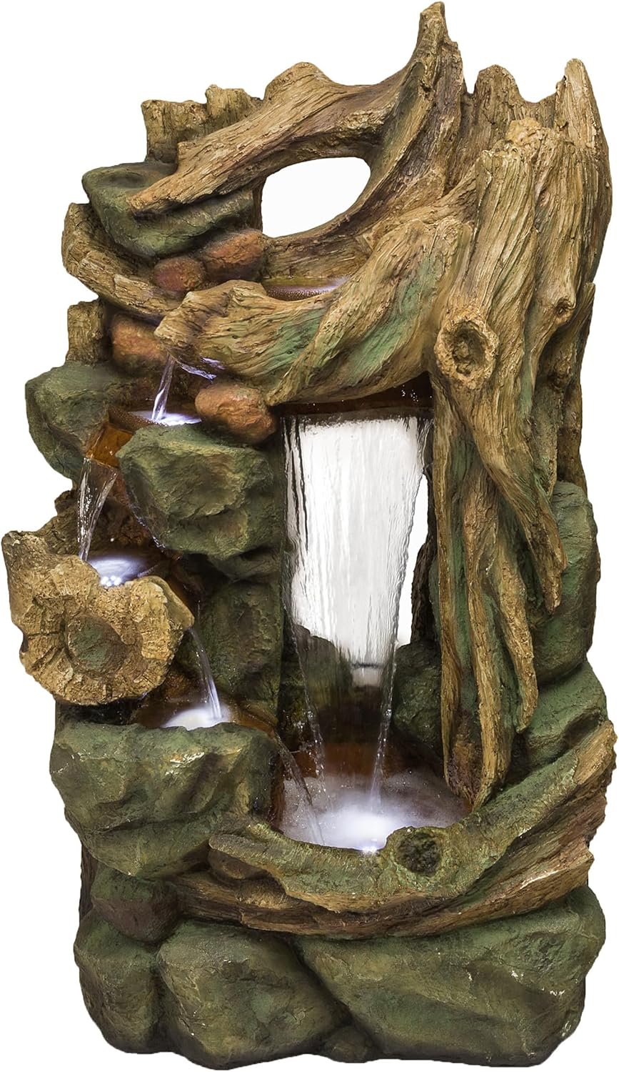 Alpine Corporation TZL200 Outdoor Side Tiering Garden Floor Rainforest Water Fountain with LED Lights, 55', Brown