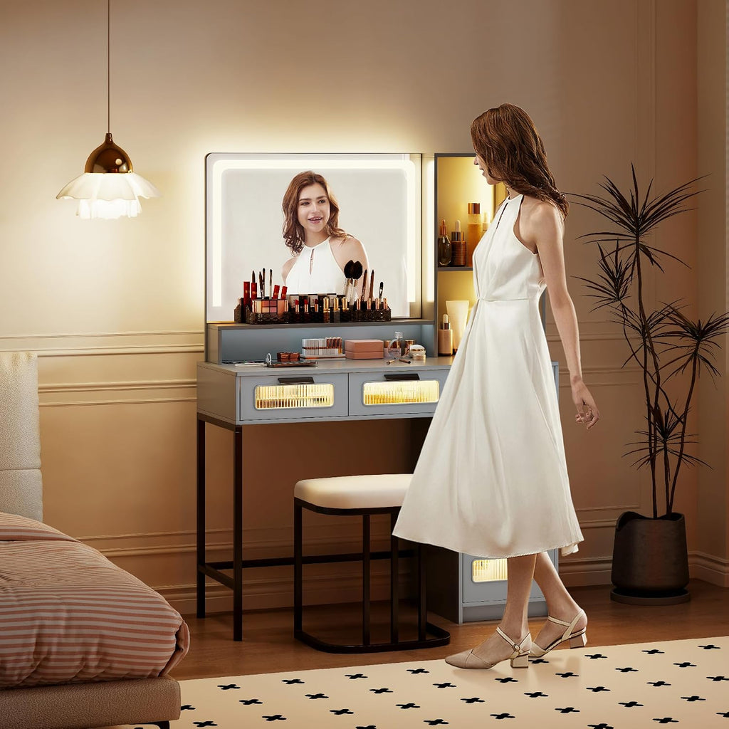 Vanity Desk with Mirror and RGB Lights, Makeup Vanity Desk with Wireless Charging Station,Large Dressing Table Set with Stool,LED Vanity Table with 6 Drawers/Cabinet/Shelves for Bedroom, Grey