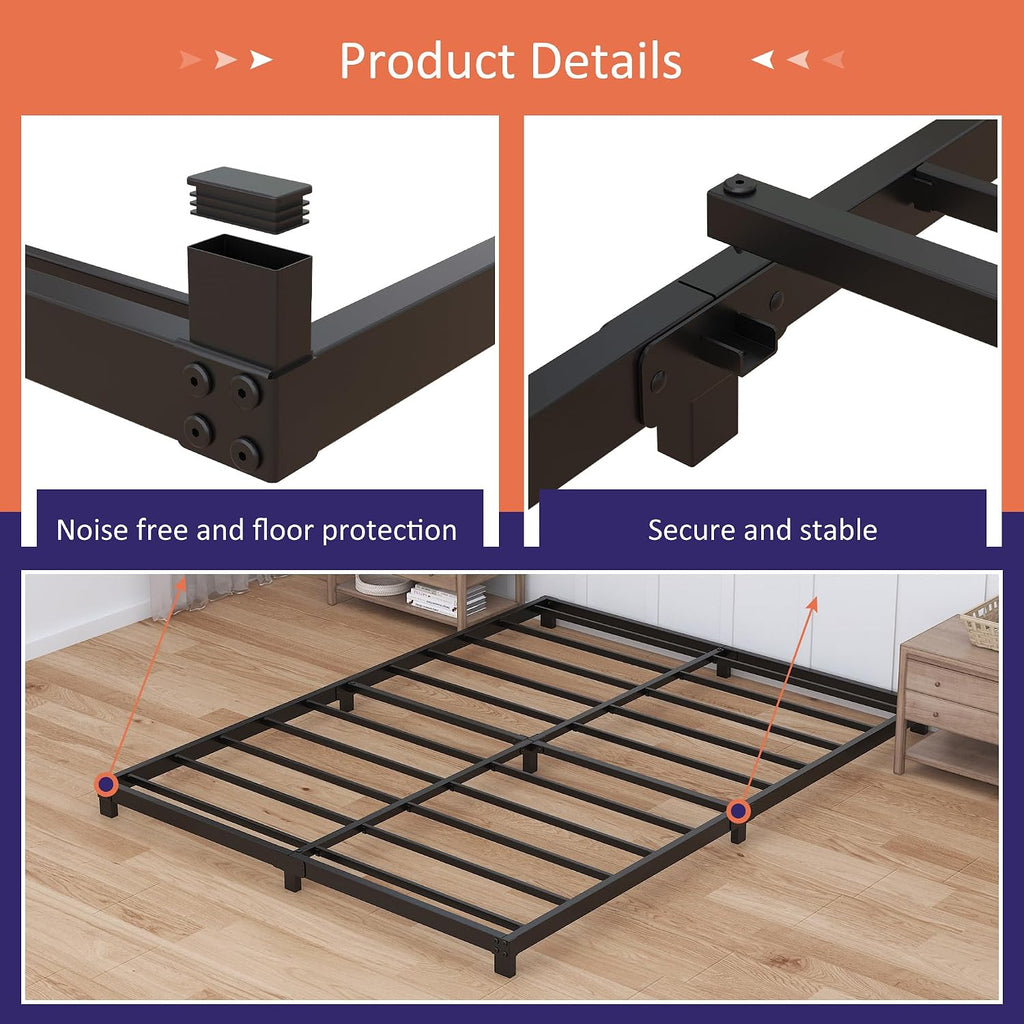 Nailsong 3 Inch Bed Frame King Size Low Profile, King Bed Frame No Box Spring Needed, Heavy Duty Metal, Easy Assembly, Black