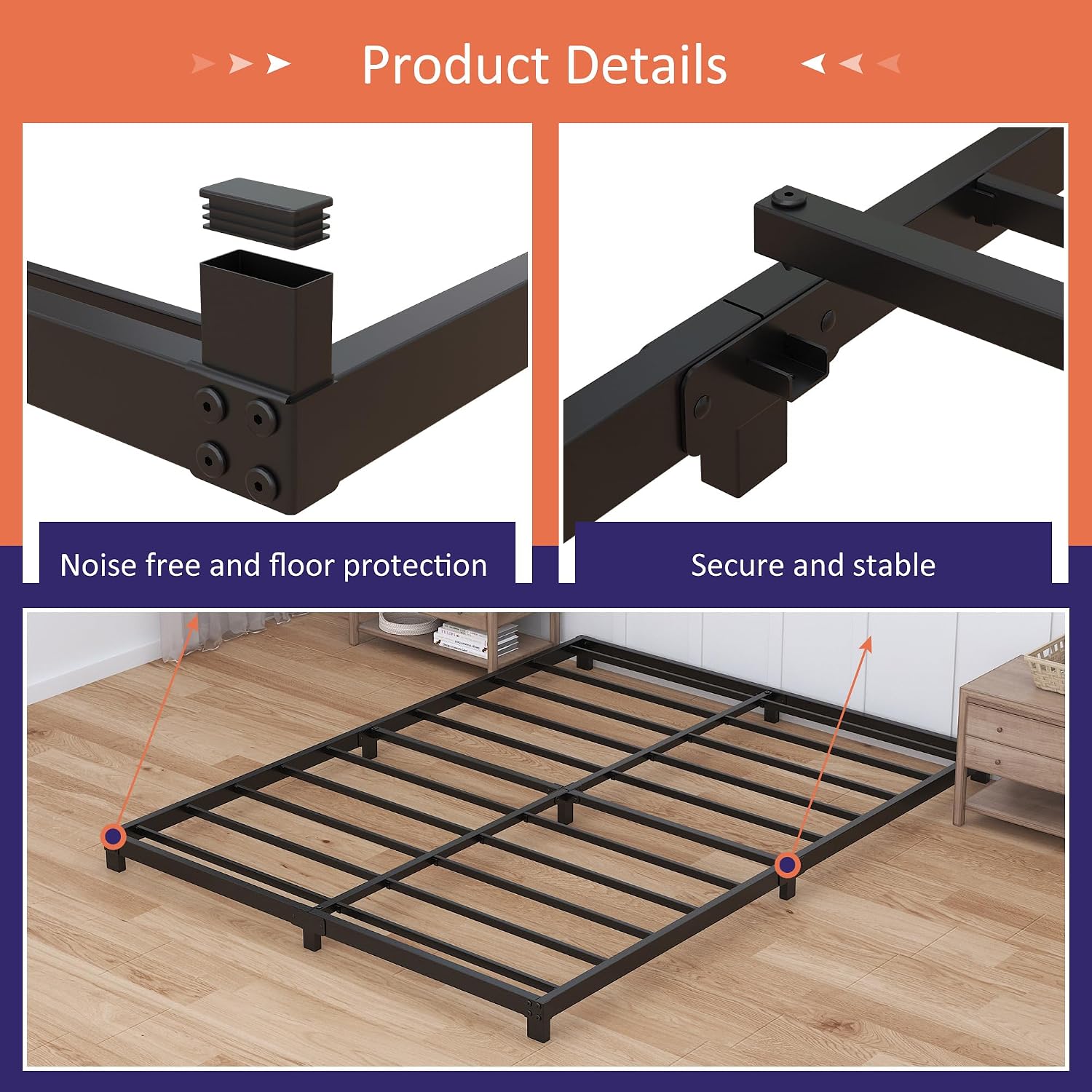 Nailsong 3 Inch Bed Frame King Size Low Profile, King Bed Frame No Box Spring Needed, Heavy Duty Metal, Easy Assembly, Black