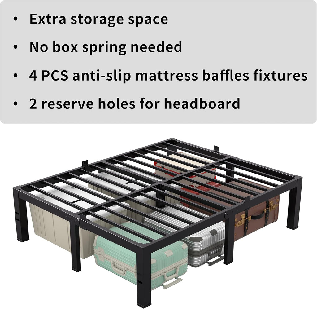 MAF 18 Inch King Size Bed Frame No Box Spring Needed Heavy Duty Platform King Bed Frame Steel Slat Support High Platform Bedframes with Storage Size Black Metal