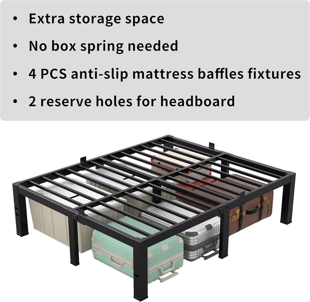MAF 18 Inch High Queen Bed Frame No Box Spring Needed Heavy Duty Queen Platform Bed Frame Steel Slat Support Noise Free Black Bed Frame Queen Size Easy Assembly