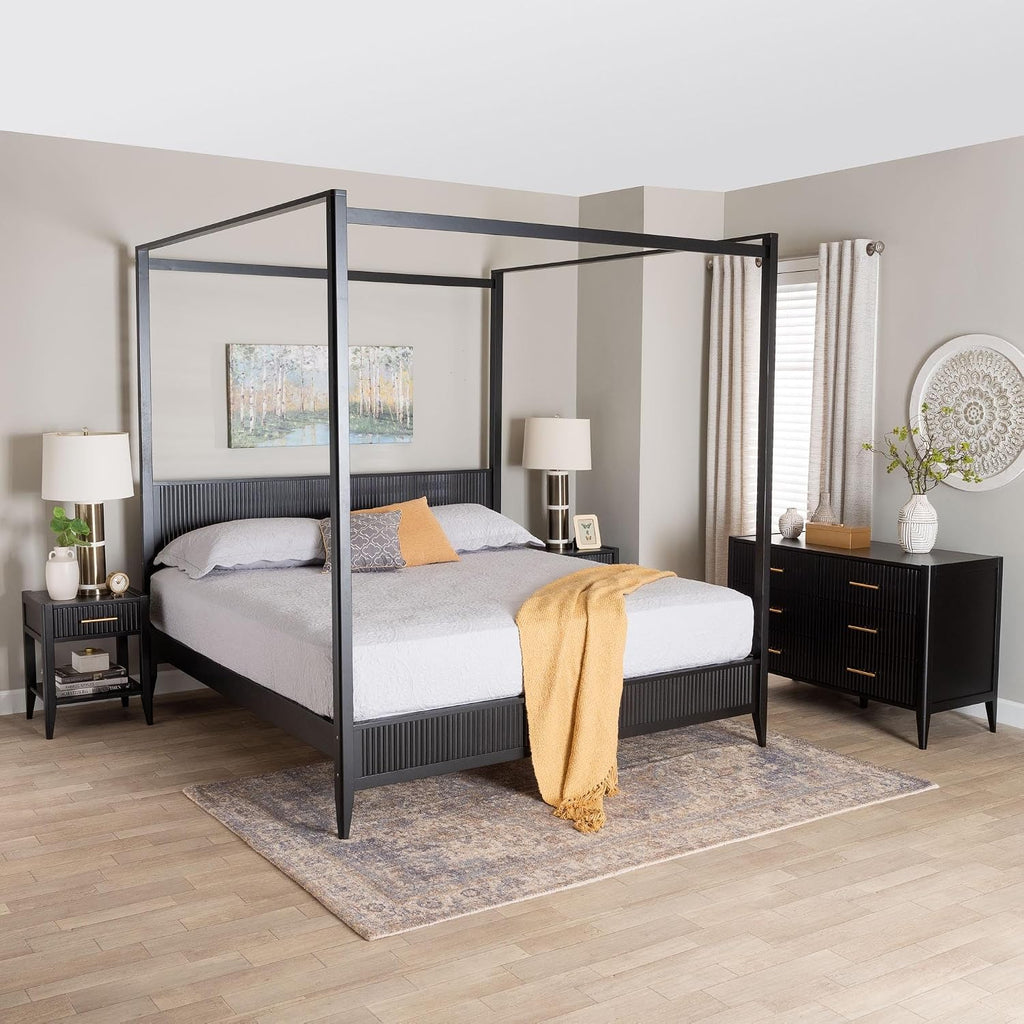 Baxton Studio Primrose Fluted Wood Canopy Bed Set, 4-Piece, King, Black