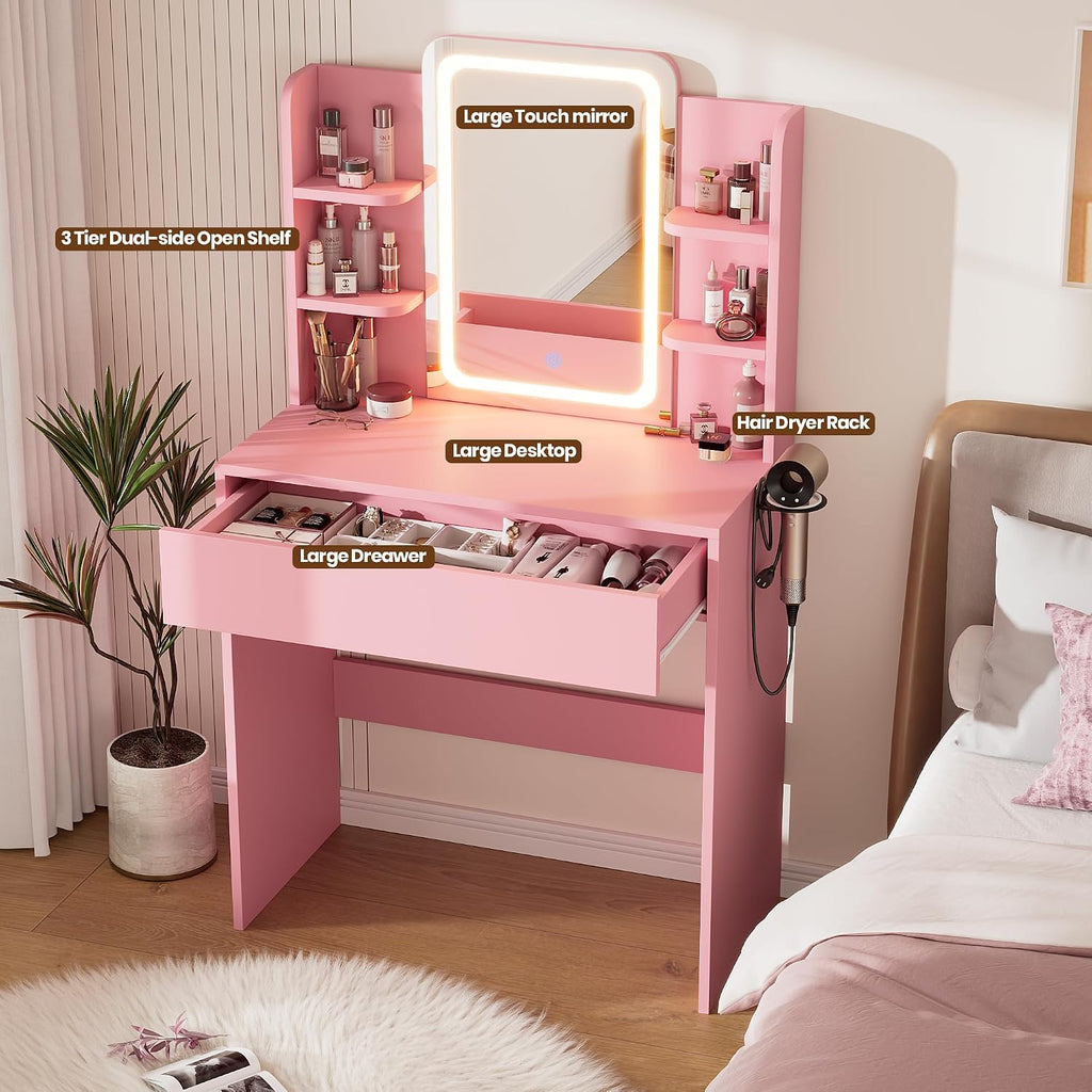 Vanity Desk with Mirror and Lights, Small Makeup Vanity Desk with Storage Drawer,3 Lighting Moders & Adjustable Brightness,Compact Dressing Table with 3-Tier Open Shelf for Girls Women Bedroom(Pink)