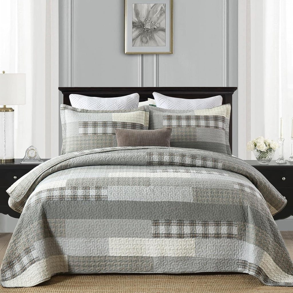 Y-PLWOMEN 100% Cotton King Size Quilt Sets - Soft Plaid King Bedspread, Farmhouse Rustic Lightweight Quilt Bedding Set for All Season, 3-Pieces