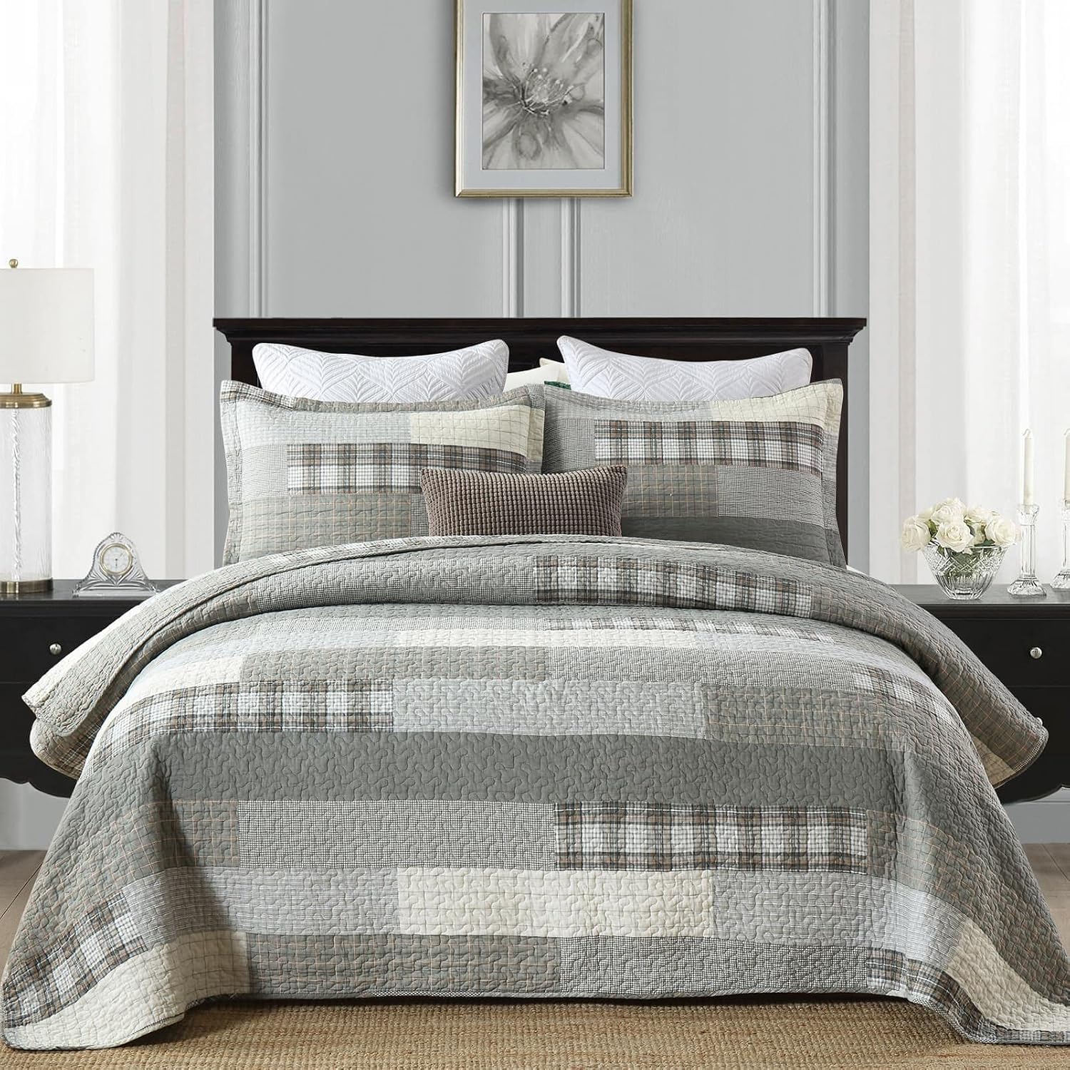 Y-PLWOMEN 100% Cotton King Size Quilt Sets - Soft Plaid King Bedspread, Farmhouse Rustic Lightweight Quilt Bedding Set for All Season, 3-Pieces