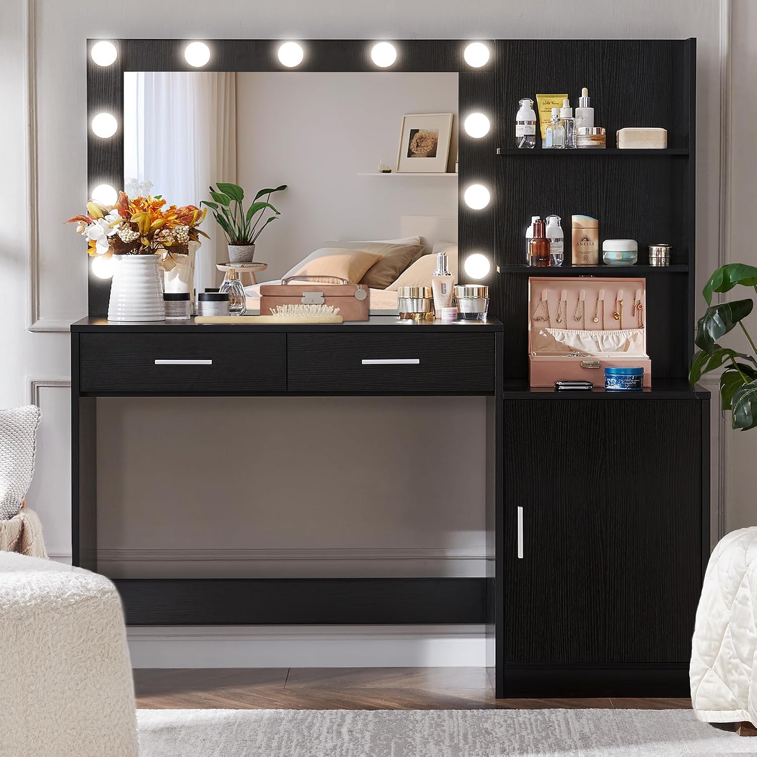 MIRROTOWEL 46.7' Vanity Desk with Mirror & LED Lights, Dressing Table with 2 Large Drawers & Vertical Organizer, 3-Tier Storage, 3 Adjustable Lighting Modes, Makeup Desk for Bedroom