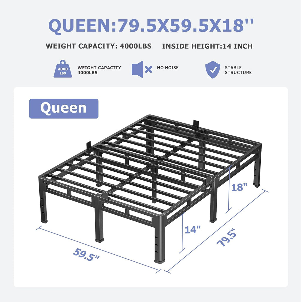 NKZ 18 Inch Queen Size Metal Bed Frame & Box Spring 2 in 1 Platform with Round Corner Legs, 4000Lbs Heavy Duty, Mattress Slide Stopper, Headboard Hole, Noise-Free, Easy Assembly
