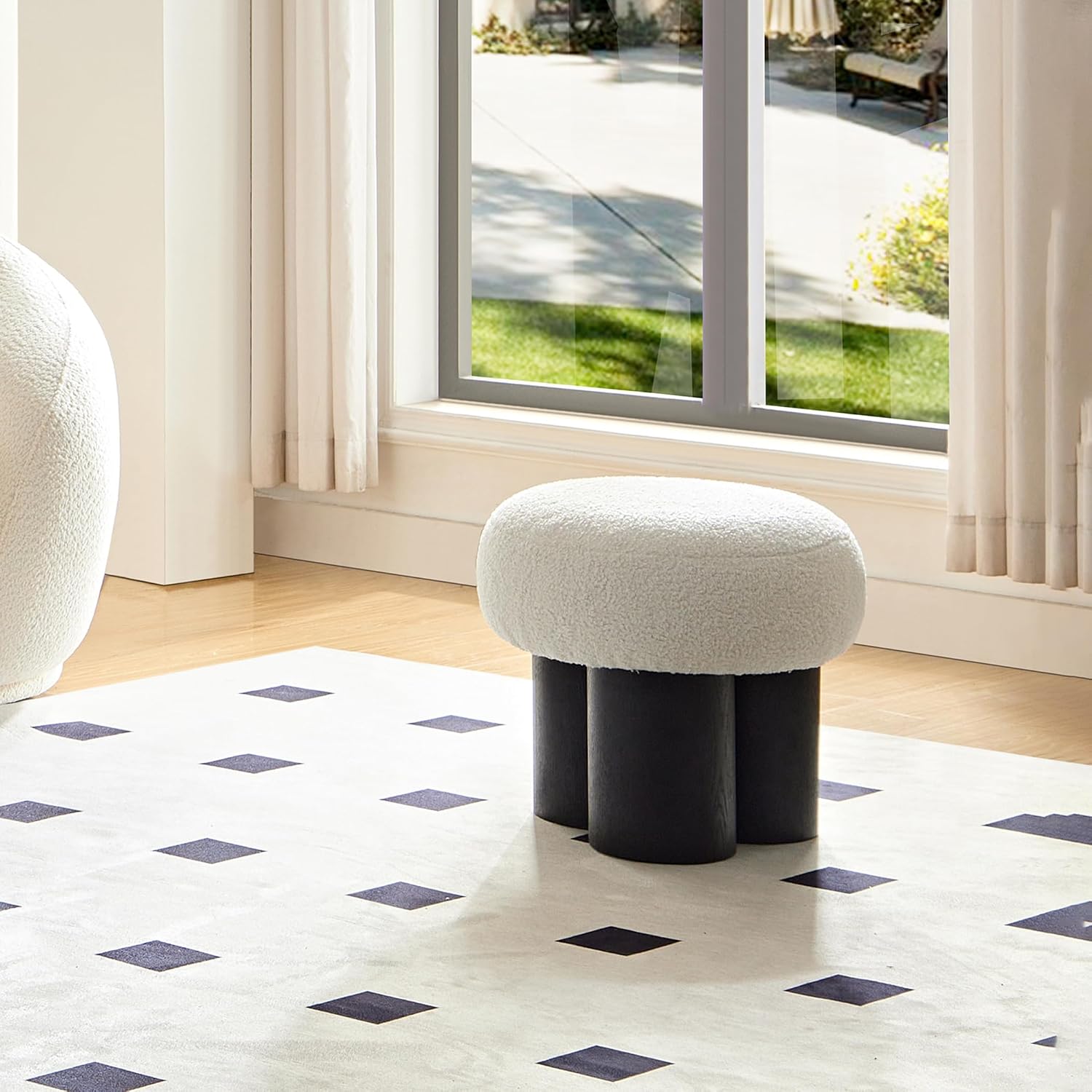 Mushroom Ottoman Stool with Teddy Fabric Round Seat, Three-Leg Wood Grain Base, Plush Foot Rest for Entryway Living Room Bedroom Vanity Makeup Corner Accent Seating Side Table Modern (Black)