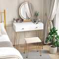 COSTWAY Vanity Desk with Mirror and Lights, Makeup Dressing Table Set w/ 3 Color Lighting Modes & Adjustable Brightness, Vanity Mirror with Desk and Stool for Bedroom Small Spaces (White)