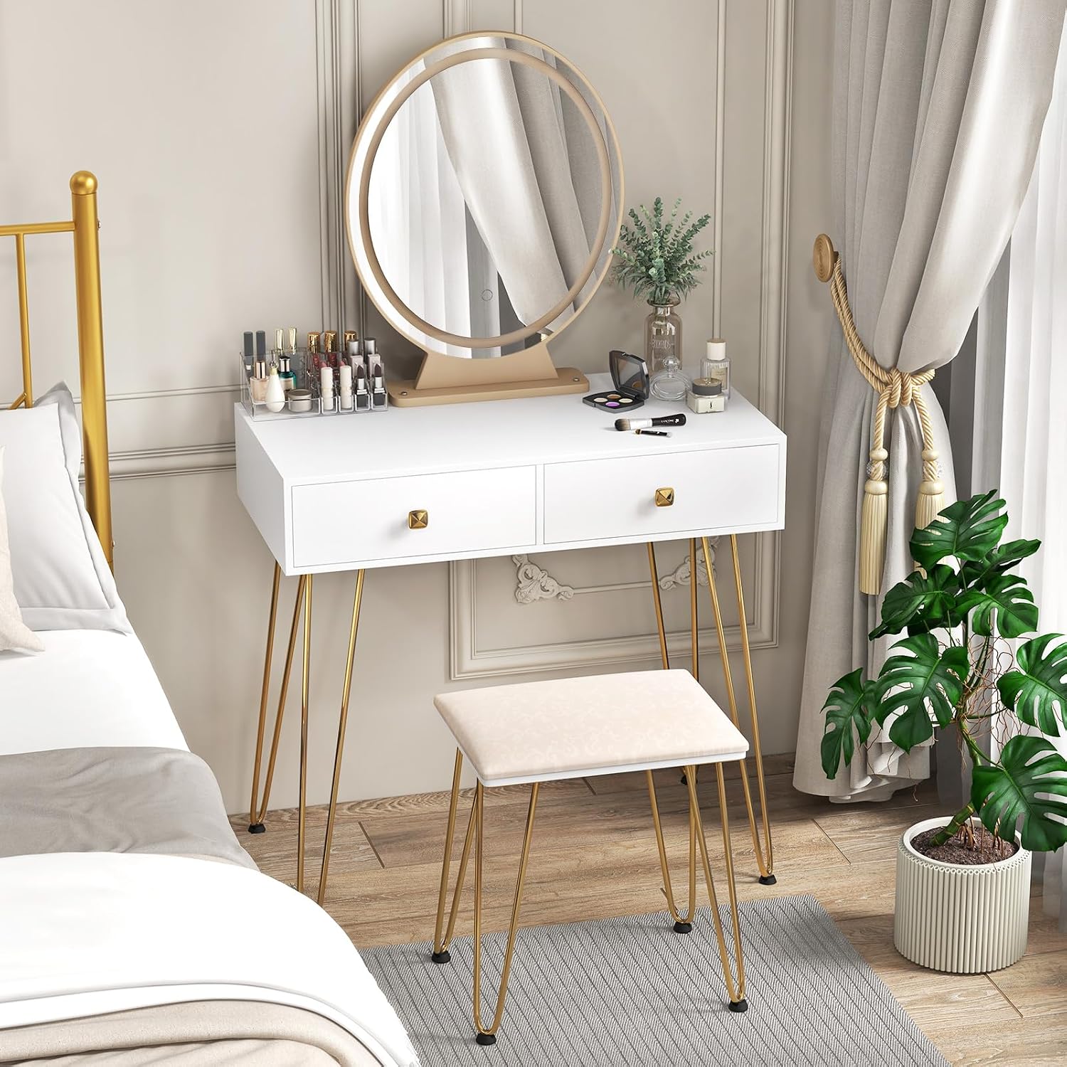 COSTWAY Vanity Desk with Mirror and Lights, Makeup Dressing Table Set w/ 3 Color Lighting Modes & Adjustable Brightness, Vanity Mirror with Desk and Stool for Bedroom Small Spaces (White)
