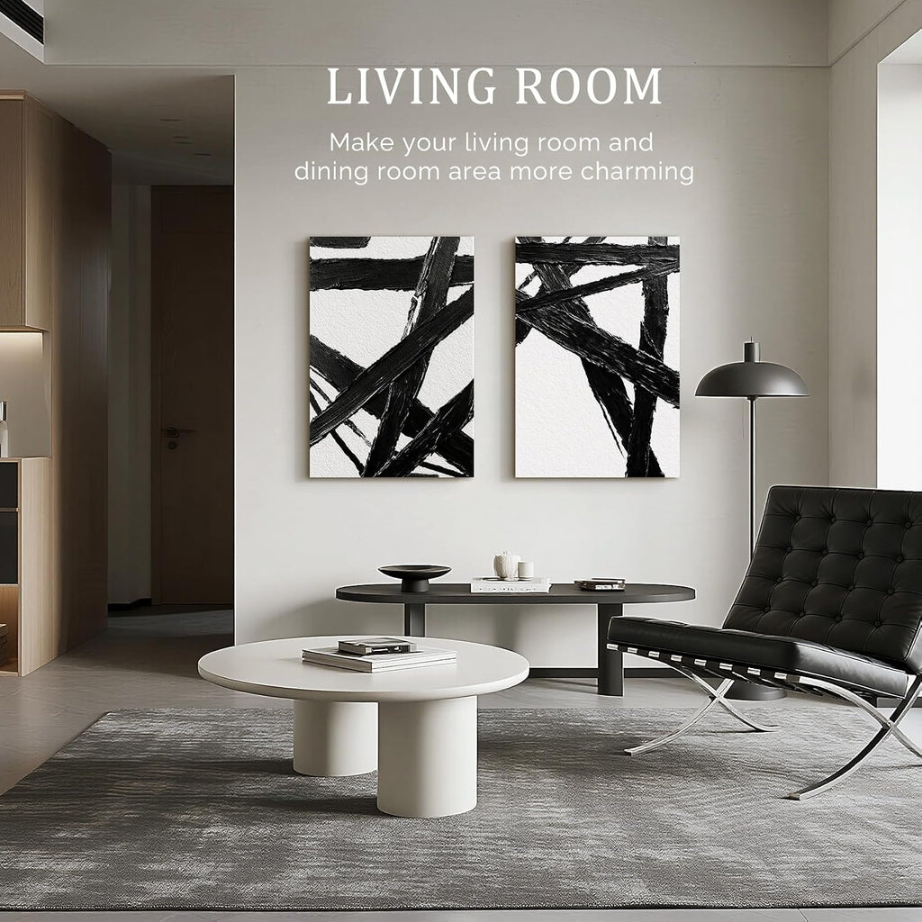 Bzstyleart Large Abstract Wall Art for Living Room, Set of 2 Black and White Modern Neutral Wall Art Hallway Office Bedroom, Boho Modern Minimalist Print Painting Large Abstract Artwork, 24 x 36 Inch