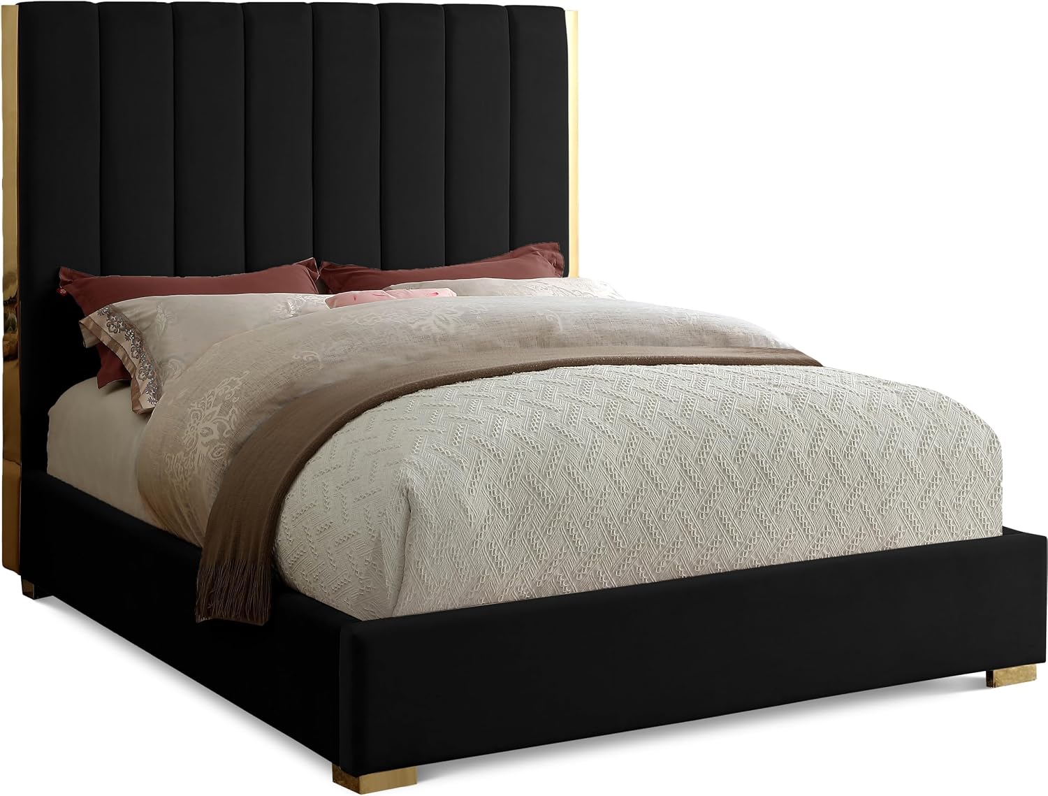 Meridian Furniture Becca Collection Modern | Contemporary Velvet Upholstered Bed with Deep Channel Tufting and Polished Gold Metal Frame, Black, Full