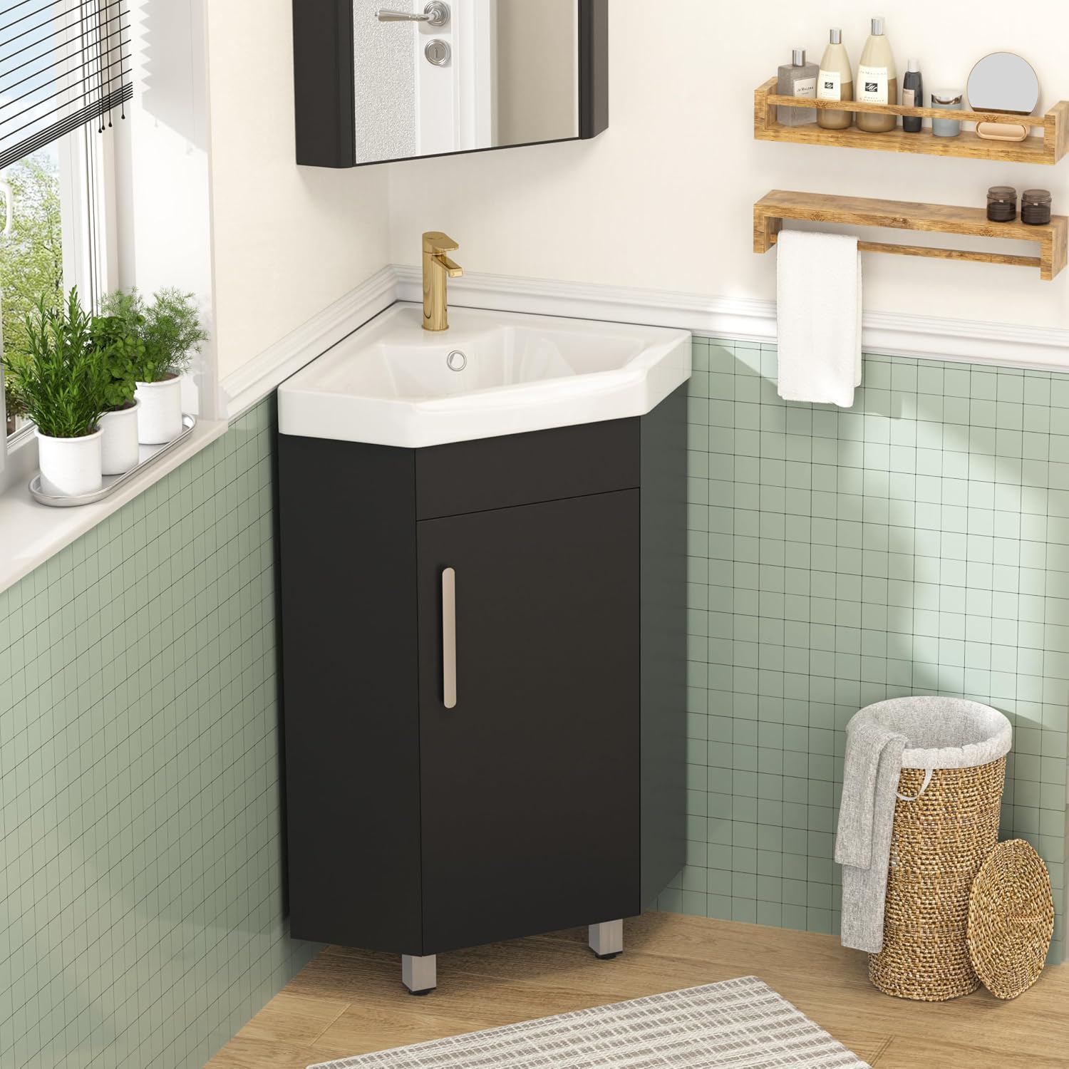 Findepot 24' Corner Bathroom Vanity Sink for Small Space Freestanding Compact Space Bathroom Storage Cabinet with White Ceramic Sink & Adjustable Shelf, Black