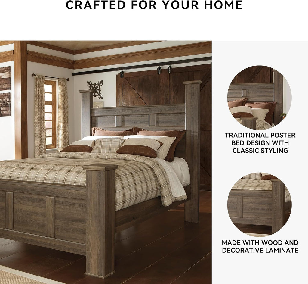 Signature Design by Ashley Juararo Casual Queen Poster Bed with Metal Slats, Foundation or Box Spring Needed, Dark Brown
