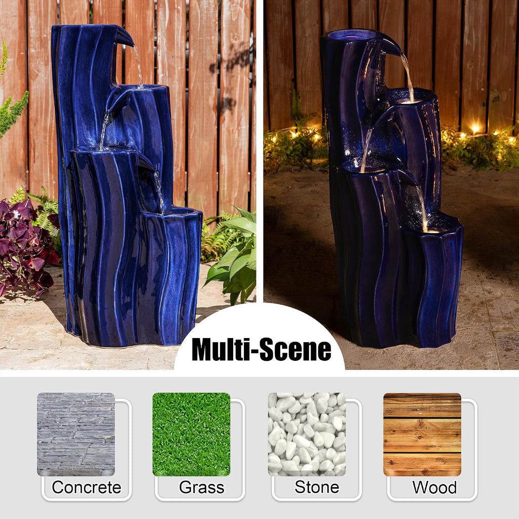 Glitzhome 30' Tall Outdoor Water Fountain with LED Light, Pump & Adapter, 4-Tier Cobalt Blue Wavy Texture Ceramic Cascading Garden Fountains Waterfalls for Porch Deck Patio Backyard