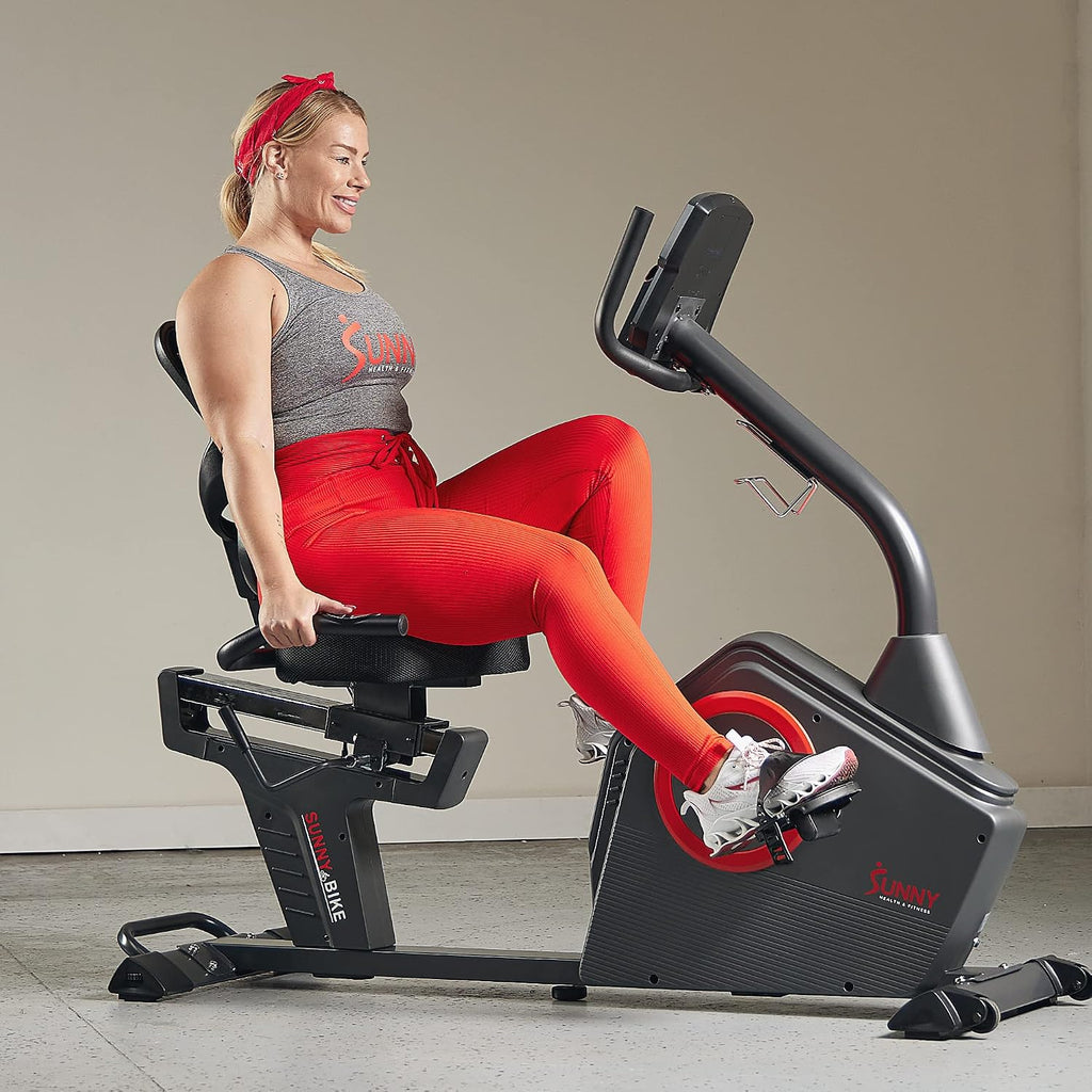 Sunny Health & Fitness Smart Recumbent Bike with Pulse Sensors, Home Cycling Workout Machine w/Cushion Seat & Mesh-Backrest, Free SunnyFit App Connection