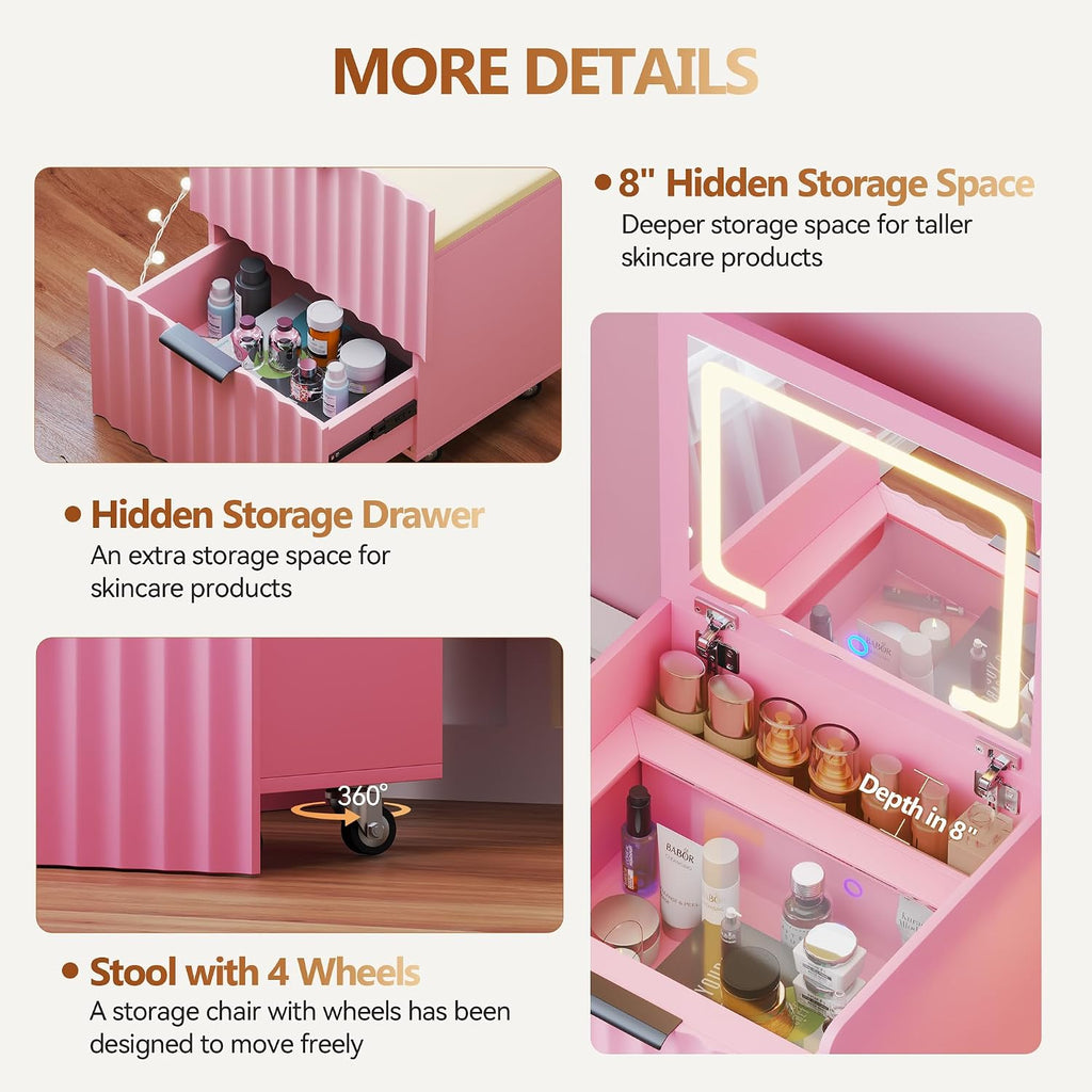 3-in-1 Small Vanity Desk with Flip Top Mirror and Lights,Fluted Compact Makeup Vanity with Storage Stool and Drawers,Mini Vanity Table Set for Bedroom Furniture,Pink