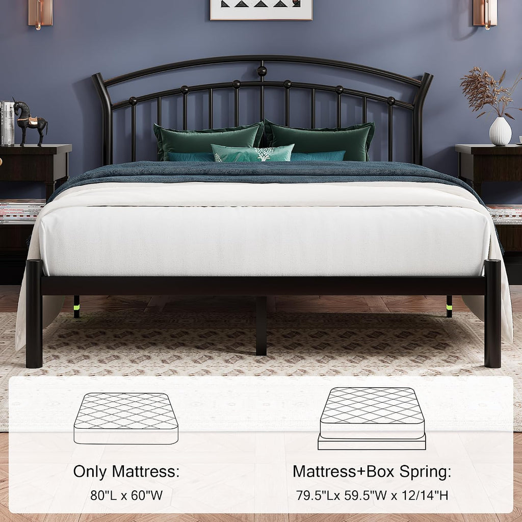 Einhomn Queen Bed Frame, Black Metal Bed Frame with 12' Under-Bed Storage, Heavy Duty Steel Slat Support, No Box Spring Needed, Noise-Free, Easy Assembly
