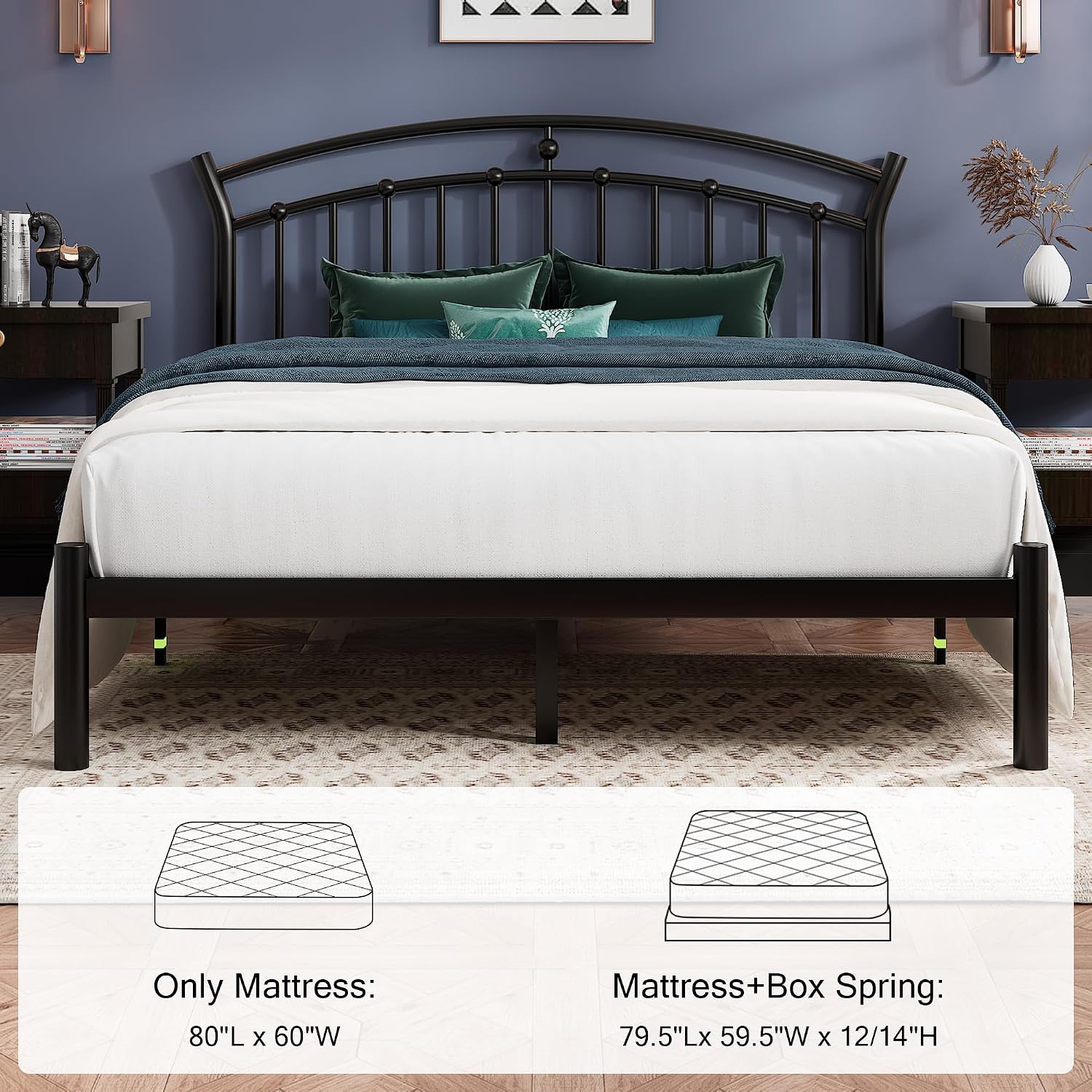Einhomn Queen Bed Frame, Black Metal Bed Frame with 12' Under-Bed Storage, Heavy Duty Steel Slat Support, No Box Spring Needed, Noise-Free, Easy Assembly