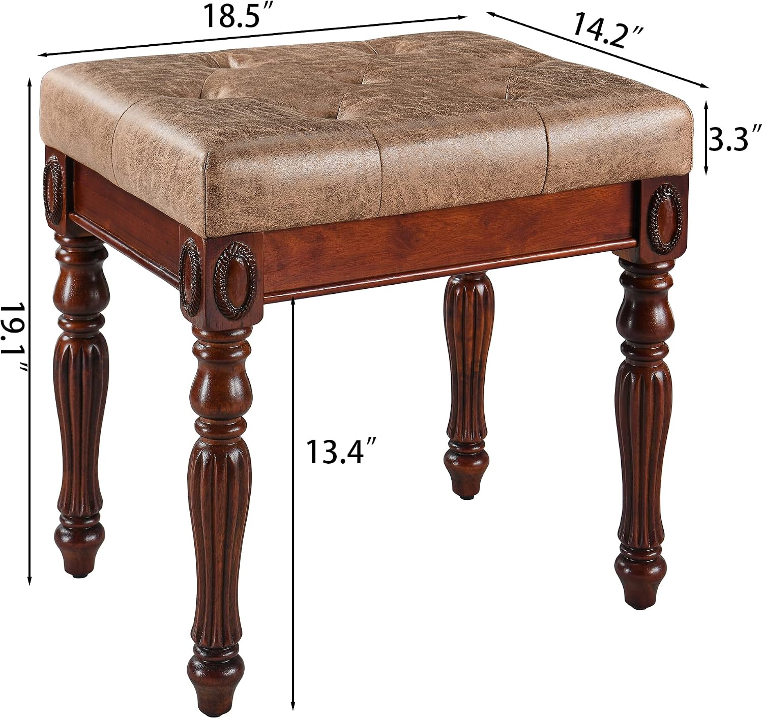 LEEMTORIG Vanity Stool Bench Ottoman Stool, Traditional Victorian Style Piano Bench Chair, Upholstered Button Tufted Solid Wood Short Bench, 14.2' Dx18.5 Wx19.1 H, Yellowish Brown Fabric, FD-1533-LT