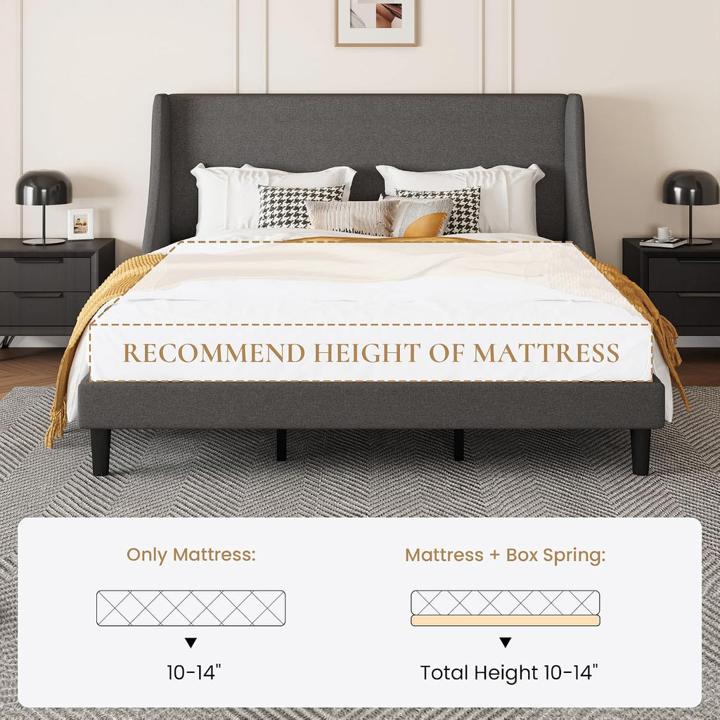 SHA CERLIN Upholstered Bed Frame King Size with Streamlined Wingback Headboard, Breathable Linen Fabric, Solid Wooden Slats, Easy Assembly, Dark Grey