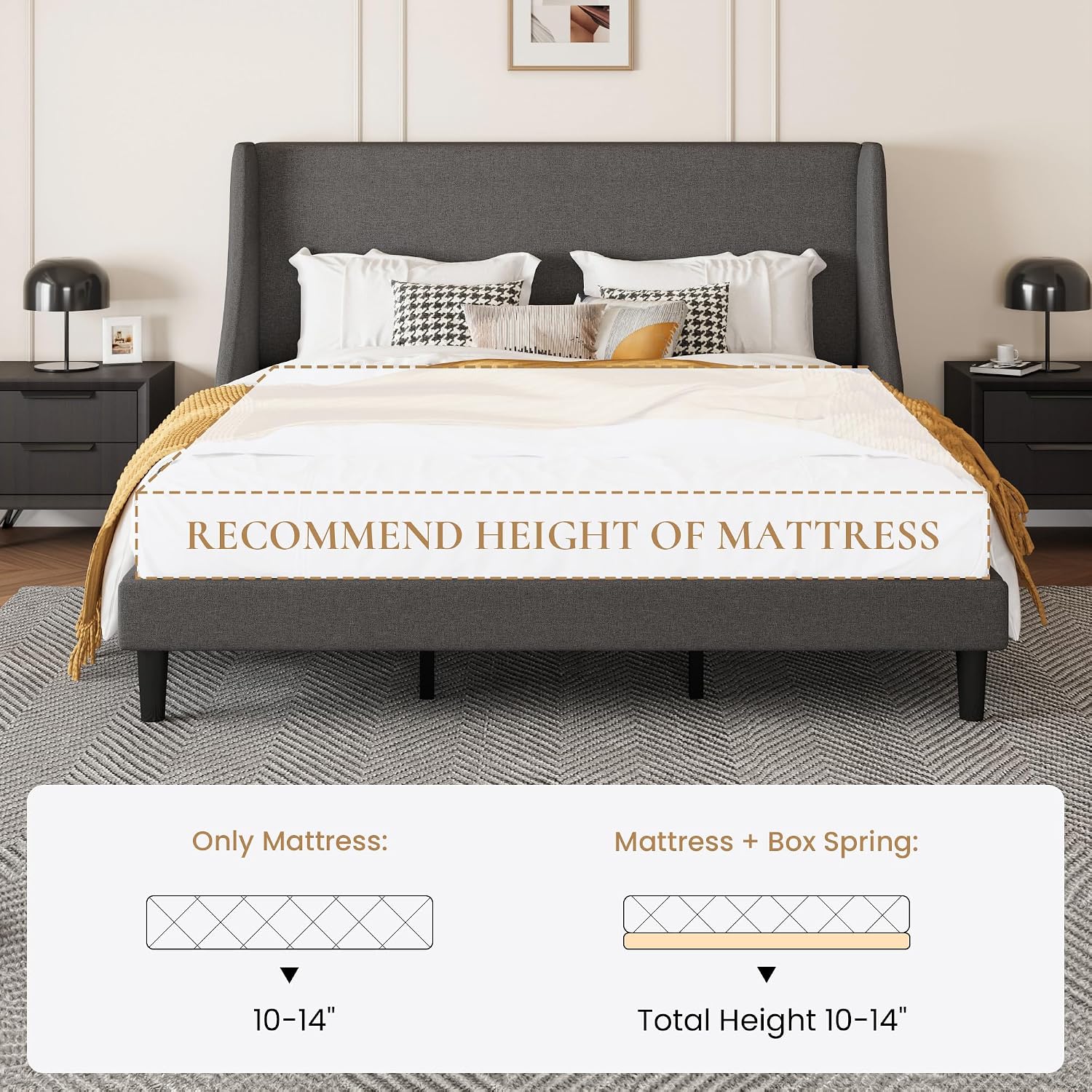 SHA CERLIN Upholstered Bed Frame King Size with Streamlined Wingback Headboard, Breathable Linen Fabric, Solid Wooden Slats, Easy Assembly, Dark Grey