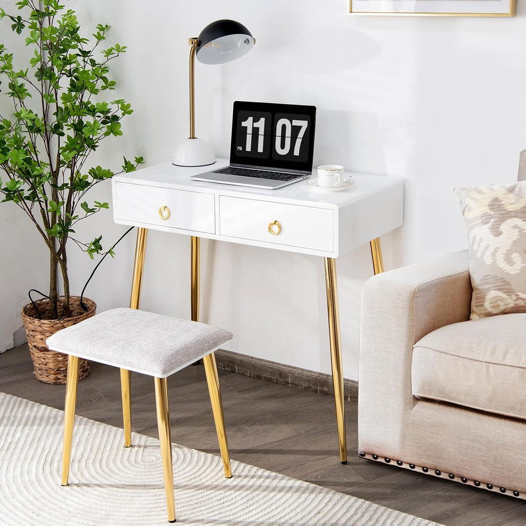 COSTWAY Vanity Table Set with Mirror and Lights, Makeup Dressing Table w/ 3 Color Lighting Modes & Adjustable Brightness, Vanity Mirror with Desk and Cushioned Stool for Women Girls (White & Gold)
