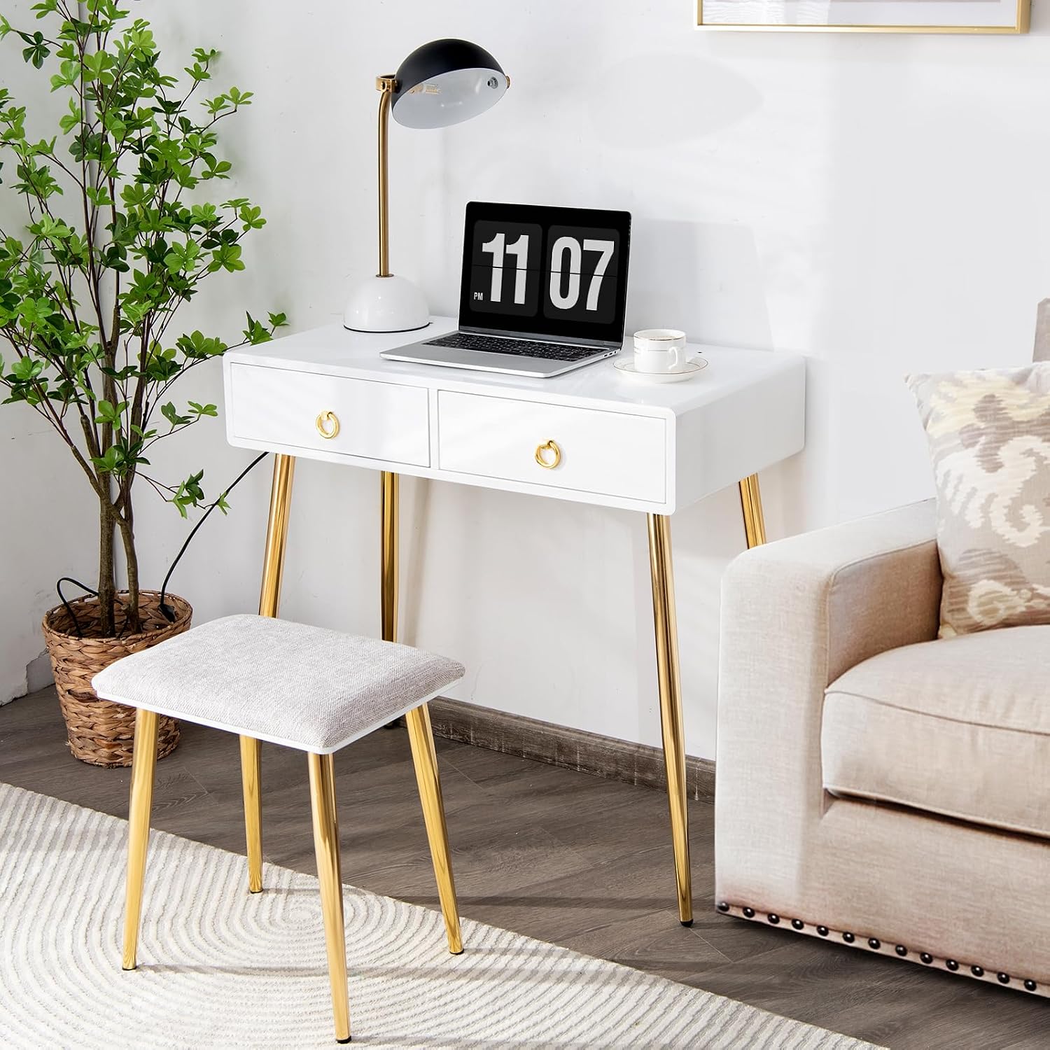 COSTWAY Vanity Table Set with Mirror and Lights, Makeup Dressing Table w/ 3 Color Lighting Modes & Adjustable Brightness, Vanity Mirror with Desk and Cushioned Stool for Women Girls (White & Gold)