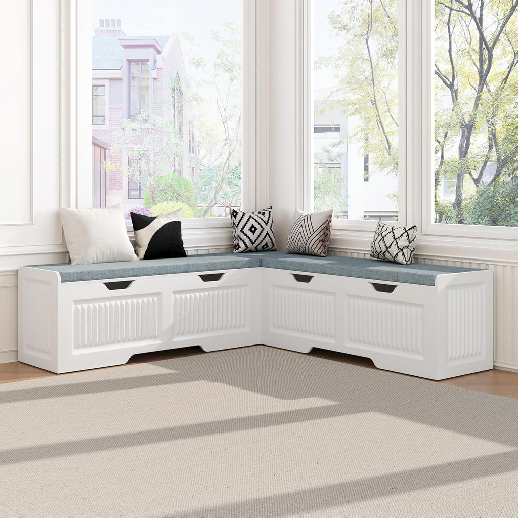 L-Shaped Storage Bench, Corner Bench with Storage,Kitchen Breakfast Nook Bench, with Large Hidden Storage Space,Suitable for Dining Nook,Kitchen Corner and Entryway (White-01)