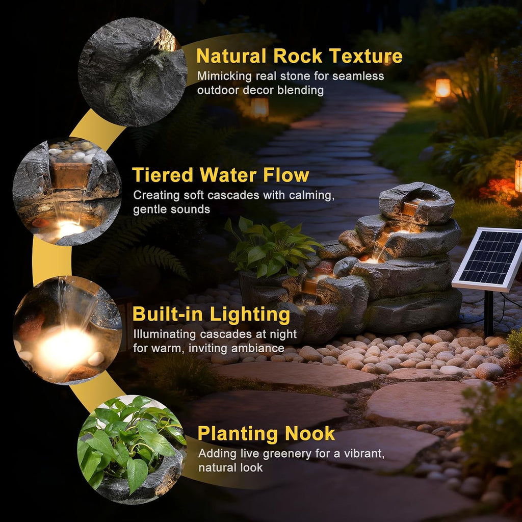 38.2' L Solar Water Fountain Outdoor Garden 5 Tiers Floor Standing Rock Natural Waterfall Outdoor Fountains with LED Lights and Planting Pot for Patio, Porch,Backyard,Home Art Decor