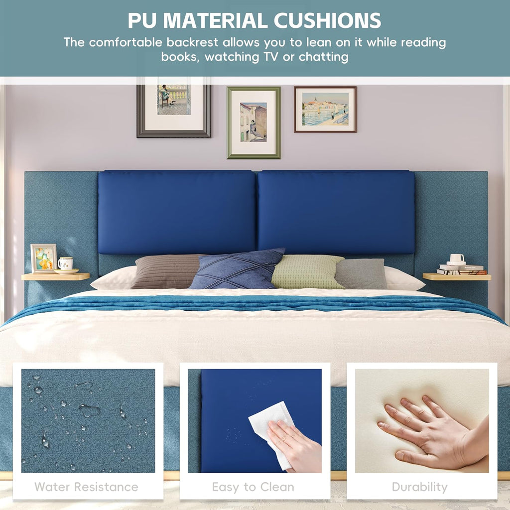 Luxury Bed Frame with Nightstands Modern Bedroom Set, Blue King Size Floor Platform Bed with Oversize Soft Upholstered Tall Headboard Bedframe, No Box Spring Needed (Blue, King)