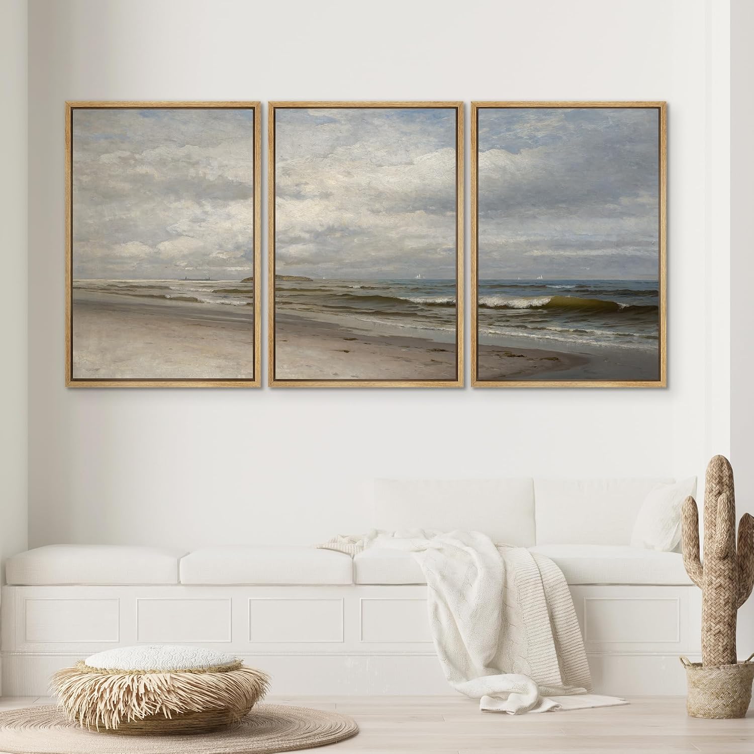 SIGNWIN Framed Canvas Print Wall Art Set Ocean Beach Tranquil Coastal Seascape with Waves and Clouds Illustrations Modern Art Decorative Rustic for Living Room, Bedroom, Office - 16'x24'x3 Natural