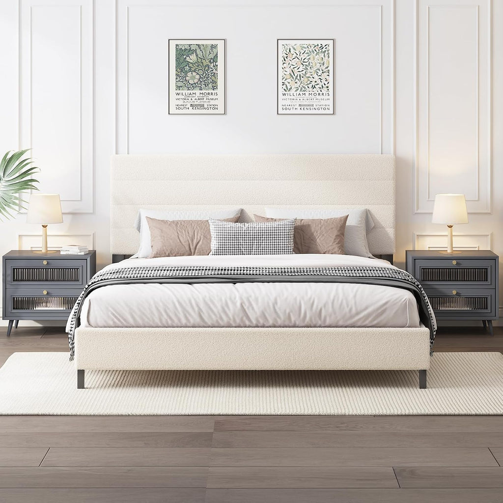 Furnihome Queen Bed Frame, Modern Sherpa Upholstered Bed Frame with Adjustable Headboard, Wooden Slats Support Platform Queen Size Bed Frames, No Box Spring Needed,Easy Assembly,Cream