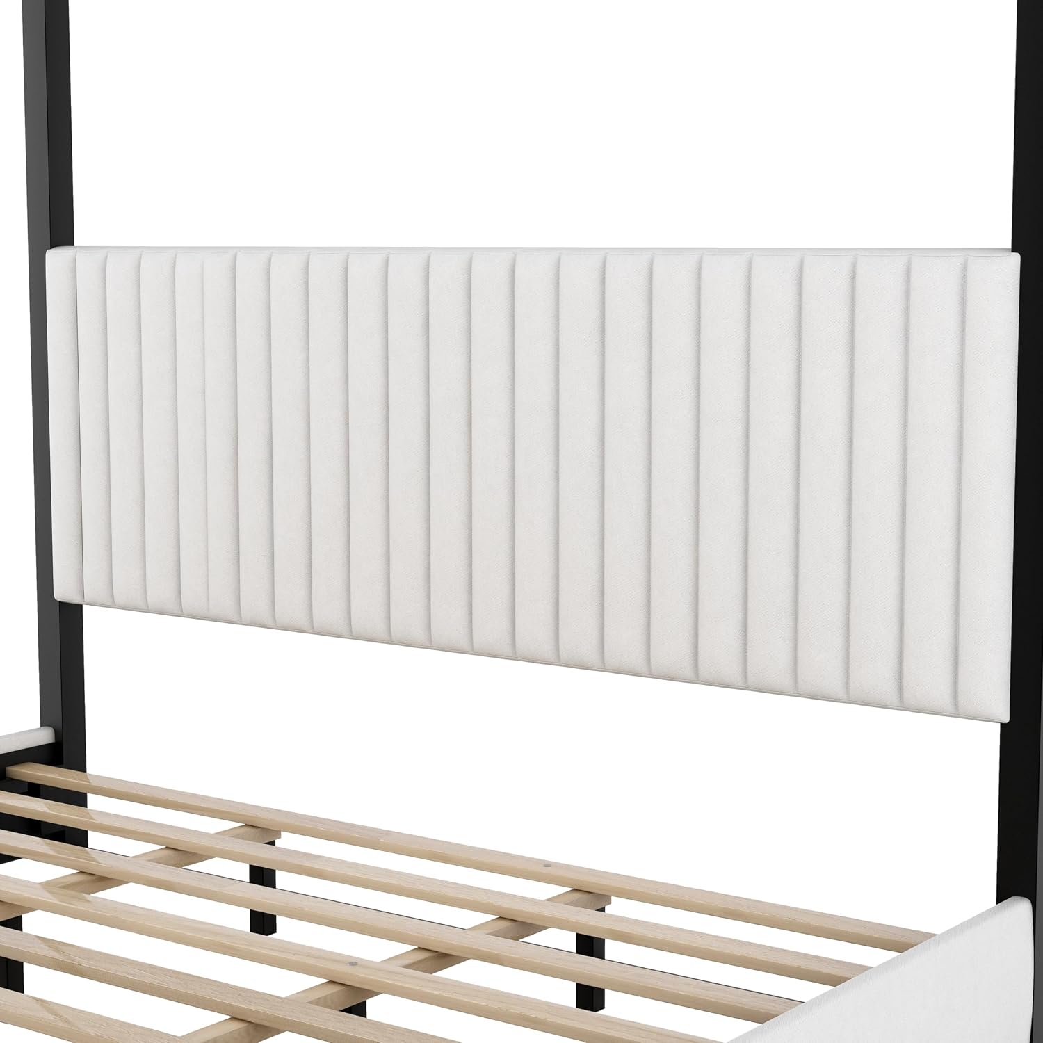 LUMISOL King Size Metal Canopy Bed Frame, 4 Poster Bed with Tall Upholstered Headboard, Velvet Upholstered Canopy Platform Bed, No Box Spring Needed, Black + White