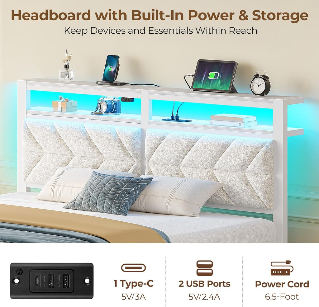 Seventable Bed Frame King Size with Charging Station, LED Bed with Upholstered Storage Headboard, Metal Platform Bed with Under Bed Storage, No Box Spring Needed, Noise Free, Easy Assembly, White