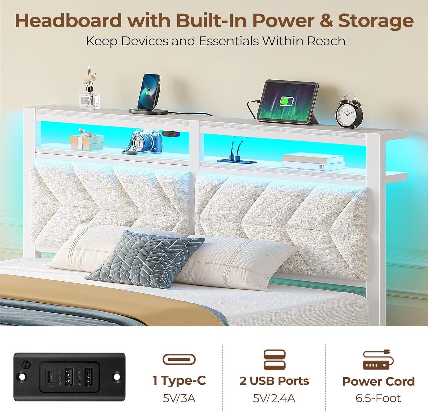 Seventable Bed Frame King Size with Charging Station, LED Bed with Upholstered Storage Headboard, Metal Platform Bed with Under Bed Storage, No Box Spring Needed, Noise Free, Easy Assembly, White