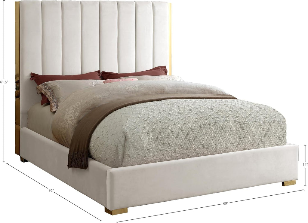 Meridian Furniture Becca Collection Modern | Contemporary Velvet Upholstered Bed with Deep Channel Tufting and Polished Gold Metal Frame, Cream, Queen