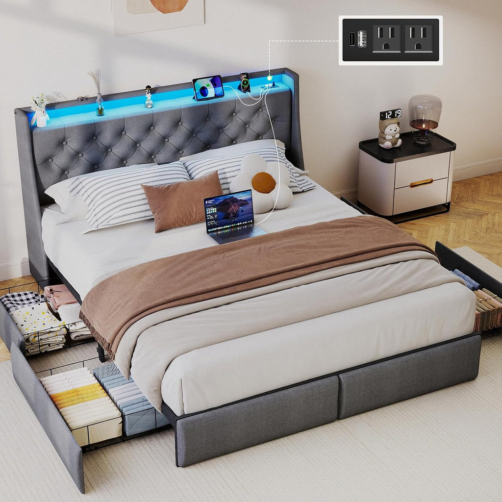 SADENICEL Queen Bed Frame with Storage Headboard and 4 Drawer, Metal Platform Bed Frame Queen Size with LED Light, Charging Station, No Box Spring Needed, Noise Free, Easy Assembly, Grey