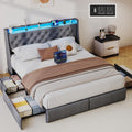 SADENICEL Queen Bed Frame with Storage Headboard and 4 Drawer, Metal Platform Bed Frame Queen Size with LED Light, Charging Station, No Box Spring Needed, Noise Free, Easy Assembly, Grey