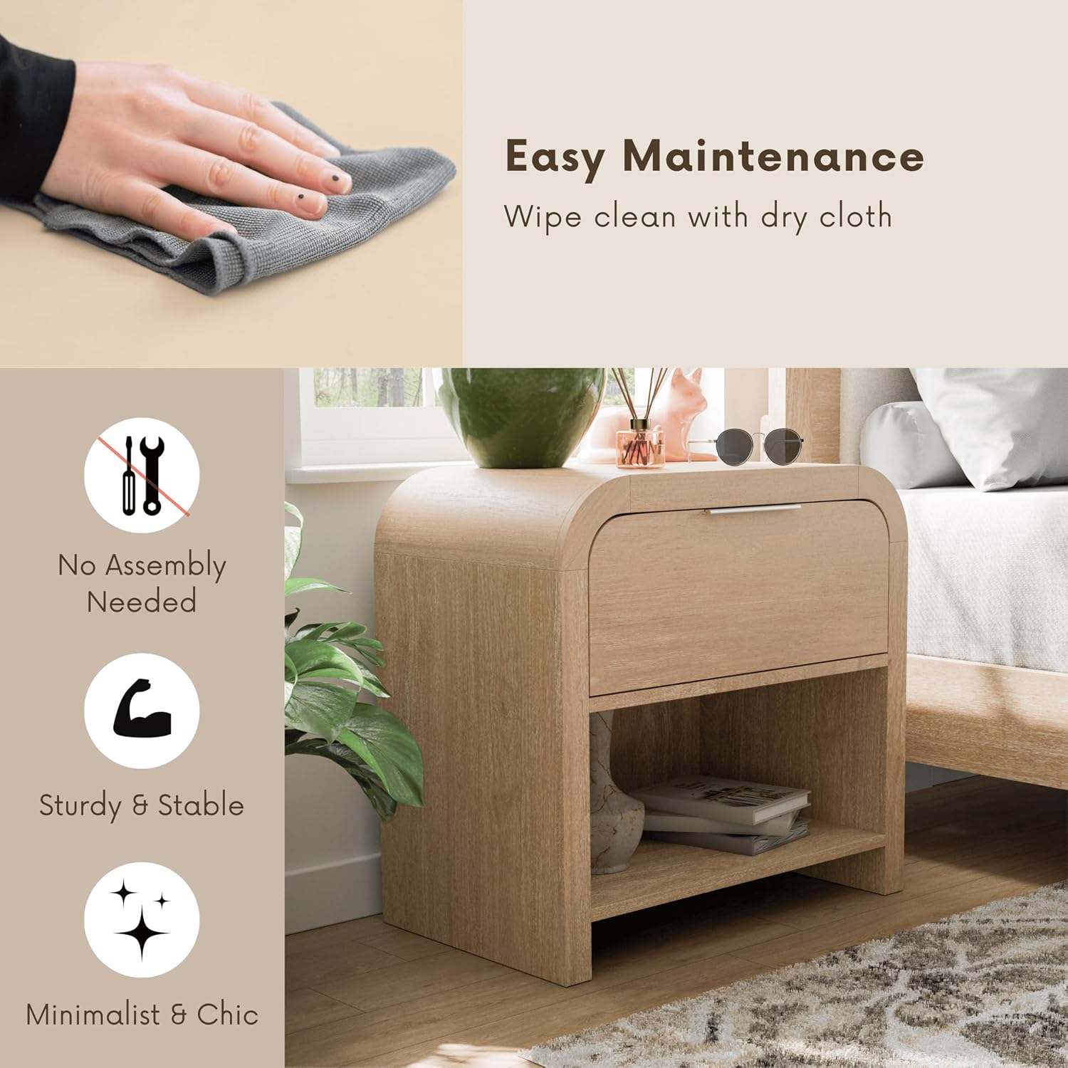 Furniture of America Verena Boho Solid Wood 2-Piece Bedroom Set with Padded Headboard Bed, Metal Side Glide, Finger Pulls on Nightstand, Box Spring Needed, King, Natural