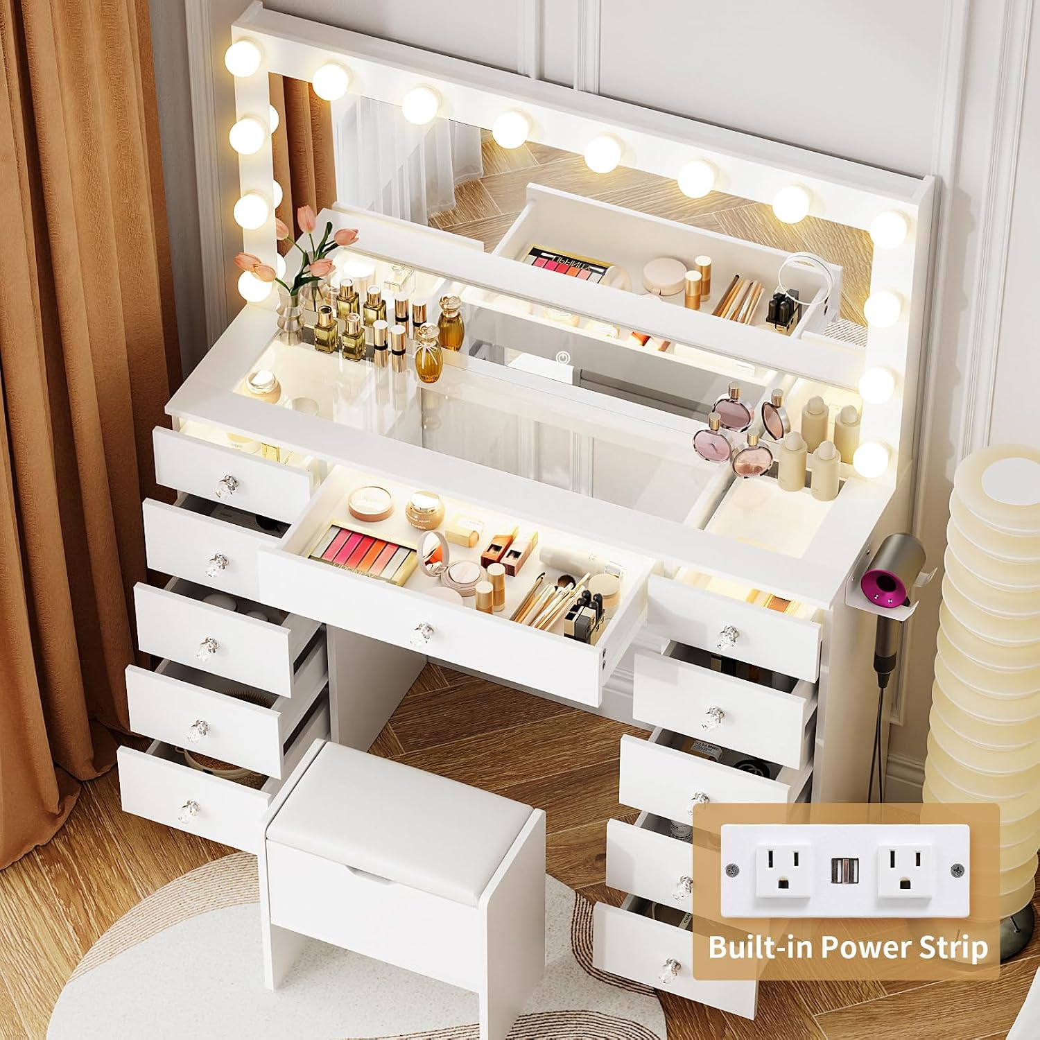 VOWNER Vanity with Lighted Mirror - Makeup Vanity Desk with Glass Top and 11 Drawers, 3 Color Lighting Modes Adjustable Brightness, 46' Vanity Table with Soft Cushioned Stool for Bedroom, White