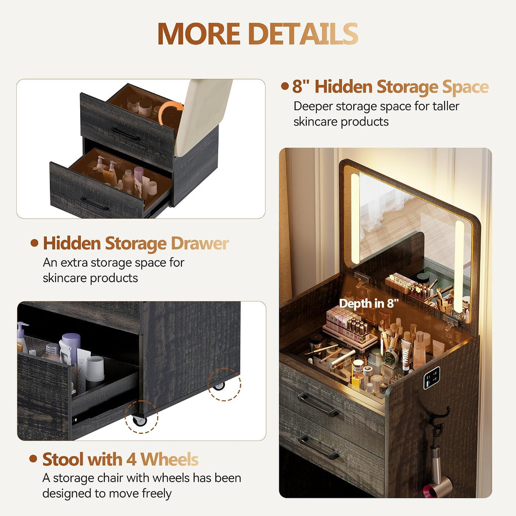 3 in 1 Vanity Desk with Flip up Mirror and Lights, Glass Top Makeup Vanity Table with Charging Station,LED Compact Dressing Table with 3 Drawer and Wheel Storage Stool for Bedroom(Brown)