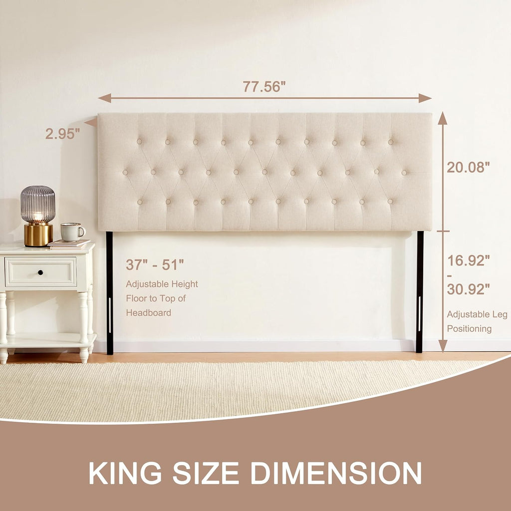 Huatean Home Tufted Upholstered Headboard King Size, Solid Wood Head Board with Durable Metal Legs, Adjustable Height Bed headboard from 37' to 51' Fabric Headboard in Modern Button Design, Beige