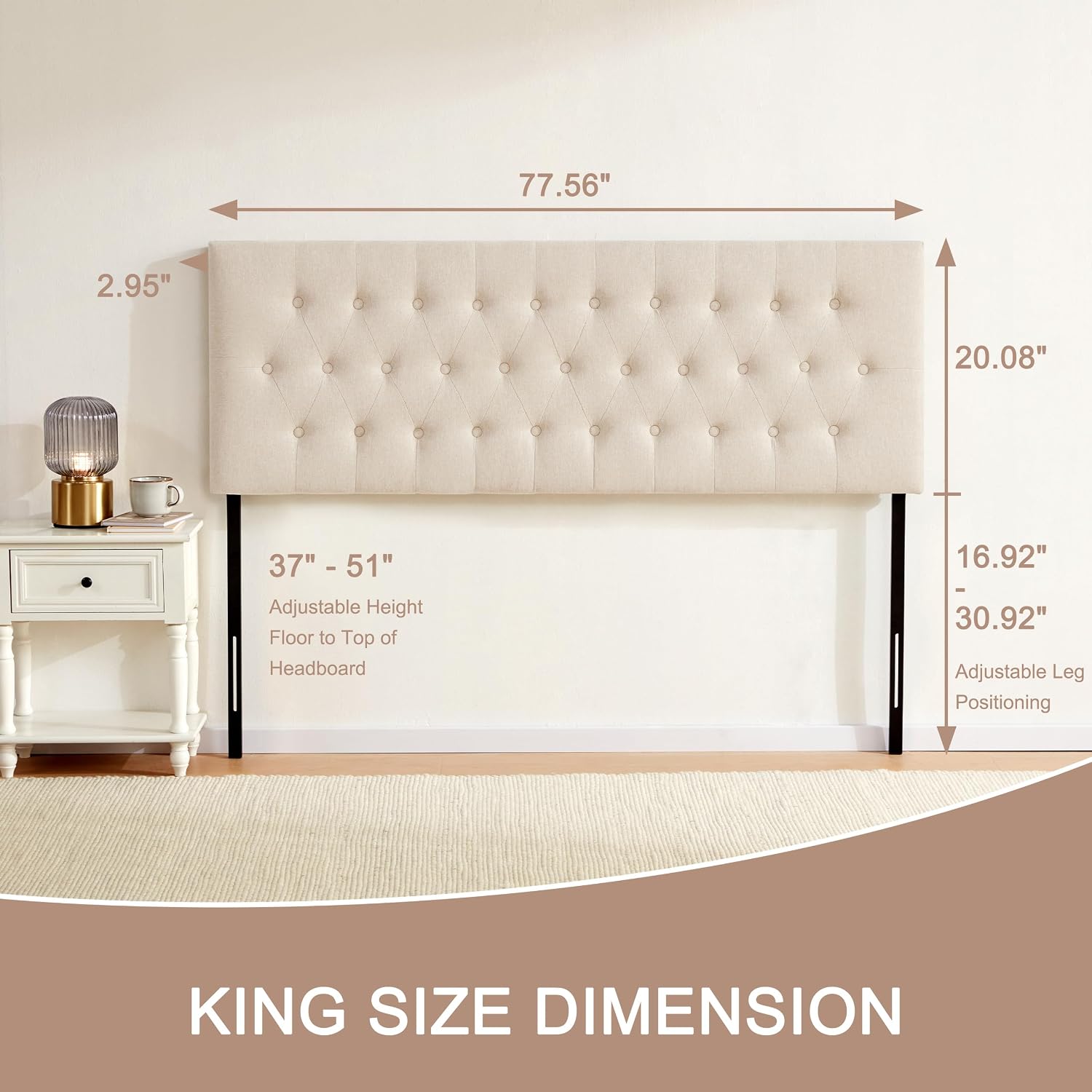 Huatean Home Tufted Upholstered Headboard King Size, Solid Wood Head Board with Durable Metal Legs, Adjustable Height Bed headboard from 37' to 51' Fabric Headboard in Modern Button Design, Beige