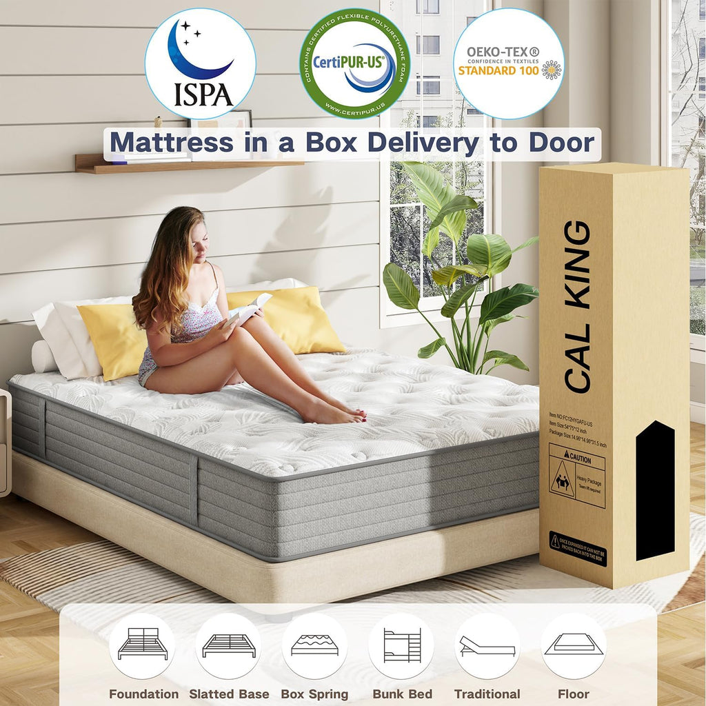 6V-Sermmoo 12 Inch California King Memory Foam Mattress for Back Pain, Cooling Gel Mattress Bed in a Box, Medium Firm,Pressure Relief,Motion Isolation, Edge Support,CertiPUR-US,72'*84'*12'